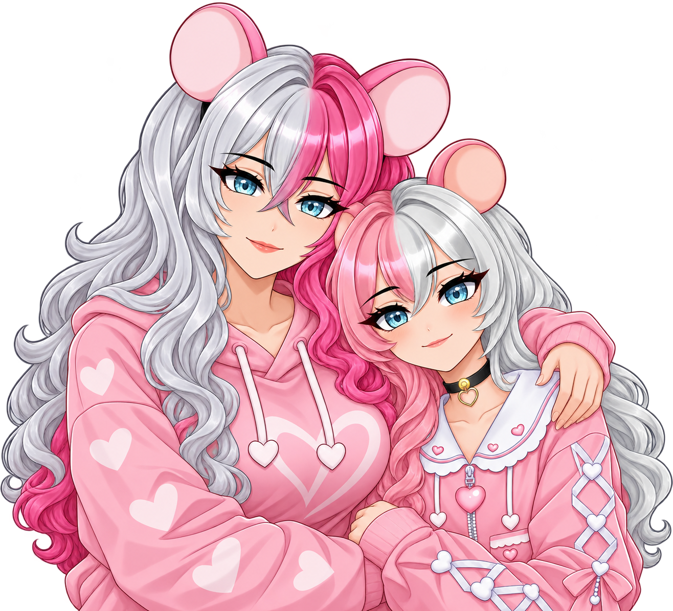 Deadly_Mouse25 and her daughter GiggleMonster25 together in pink heart outfits