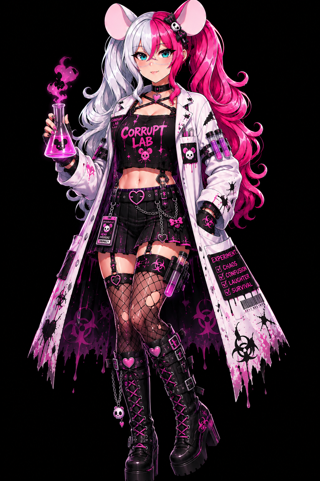 Deadly’s pink-and-white-haired mouse character in a gothic laboratory coat, holding a glowing pink potion